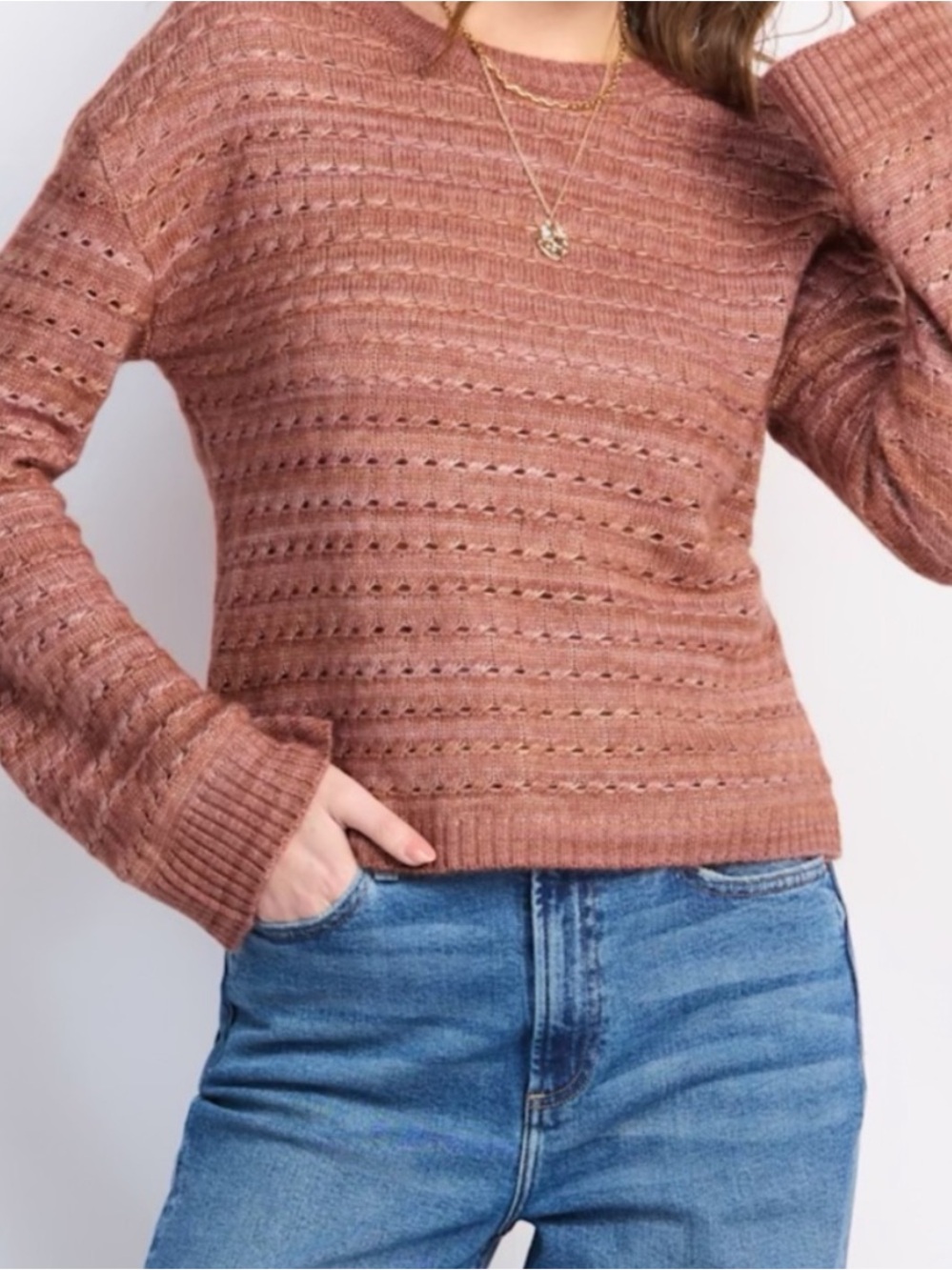Love Ellie Natti Pointelle Boho Knit Sweater - Bell/Flare Sleeves